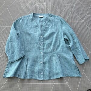 Poetry Blouse Pleated Peplum Button Up US 18 Linen Blend Cottagecore Teal